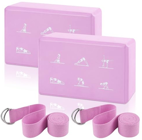 2 Yoga Block and Yoga Strap Set, High Density EVA Foam Blocks, Non-slip Yogas Bricks with 6ft Strap, Supportive Latex-Free Yogas Blocks Kit to Improve Balance and Flexibility (Pink, 9×6×3)