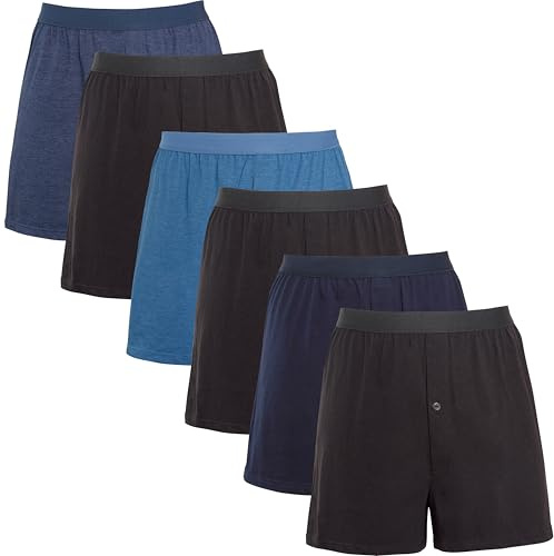 Mens Boxer Shorts Pack of 6 Loose Fit Jersey Underwear Super Soft Boxers Cotton blend Button Fly Design Elastic Waistband