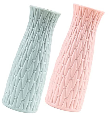 HAWILLOSCH Jarrón De Imitación De Ratán Tejido, 2 Unidades, Plástico, Bordes Redondeados, Decorativo para Oficina y Hogar, Colores Rosa y Verde, Fácil De Limpiar