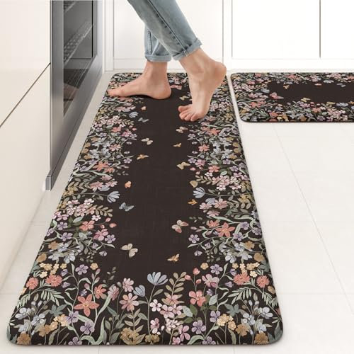 KIMODE Anti-Müdigkeit-Küchenmatten für Boden, Bauernhaus, Schwarz, Küchenteppich-Set, Sommer, gepolsterte Küchenbodenmatten, Komfort-Standmatten für Waschbecken, Waschküche, Büro, Schreibtisch, 43,2 x