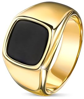 DJADEE Esther Onyx Ring in Gold beschichteter Edelstahl, 18 Karat vergoldet, wasserfest, nickel- und allergiefrei, langlebig mit Onyx Stein schwarz Geschenk für Männer Premiumqualität