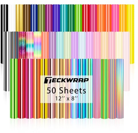 TECKWRAP 50 Pack Permanent Vinyl Bundle 12 x 8 Adhesive VinylSheets Rainbow Vinyl for DIY Home Decor, Mug, Window, Ceramics, Holiday Party Decal
