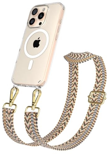 EAZY CASE Handykette - Verstellbares Taschenband kompatibel mit iPhone 16 Pro, Schulterriemen, Handykordel mit Silikon Hülle, Qi Charging kompatibel, Umhängetasche, Braun Gold