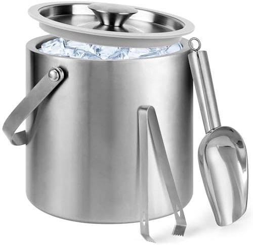 Yeatruojeet Ice Bucket, 3L Double Wall Insulated Ice Bucket with Lid,Scoop,Tongs- Inner Layer 304 Stainless Steel Ice Container Keep Ice Frozen Longer- Ideal for Cocktail Bar,Parties,Chilling Beer Win