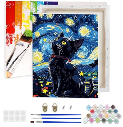 AIRDEA Katze Malen nach Zahlen Erwachsene, Sternennacht DIY Handgemalt Ölgemälde Kit, Paint by Numbers mit 3-Pinseln und Acrylfarbe 30x40 cm (Gerahmt)