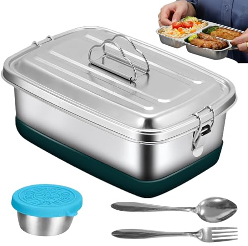 Edelstahl Brotdose 2000ML, Doppelte Metall Lunchbox mit 3 Fächern, Auslaufsichere Brotdose mit Dichtungsring, für Schule, Büro & Picknick, Langlebige tragbare Brotzeitdose für Kinder/Erwachsene