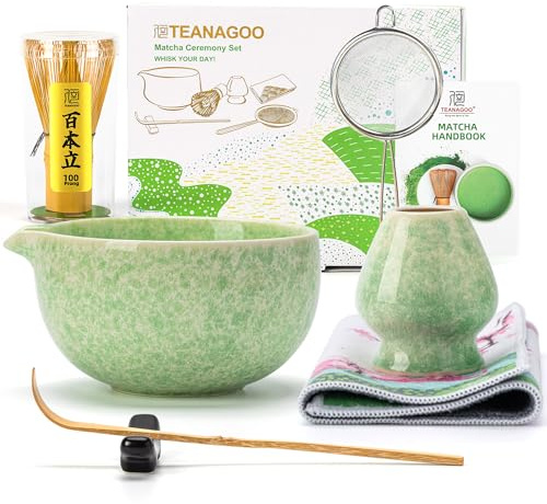 TEANAGOO Matcha Set, 7-tlg., Geradwandige Schale, Hellgrün Weiß Marmoriert | Inklusive Whisk, Sieb, Schaufel, Besenhalter, für Tee-Zeremonie, Keramik & Bambus, Geradwandig Hellgrün Weiß Marmoriert