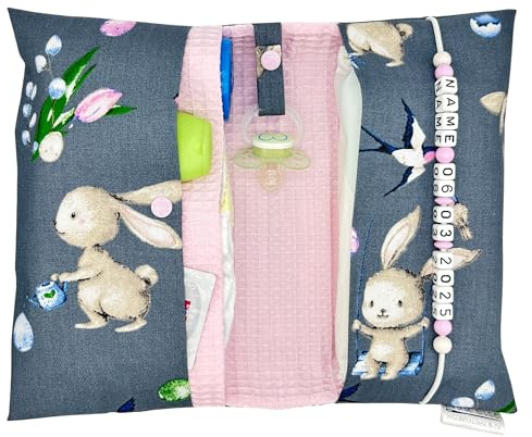 Generisch Frau Else Personalisierte Windeltasche mit Name und Datum für unterwegs, Häschen-Design mit Waffelpiquet in Rosa, Große Wickeltasche für bis zu 4 Windeln + Feuchttücher, Wickelorganiser