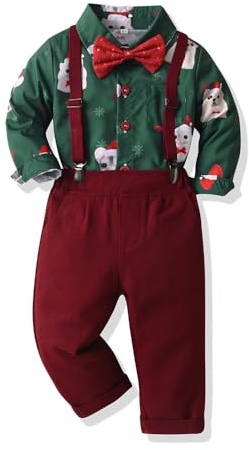 Yoolhamy pojkar kostym set juloutfit småbarn gentleman kostym barn julkläder långärmad skjorta med fluga och hängslen byxor, Julgrön, 2-3 år