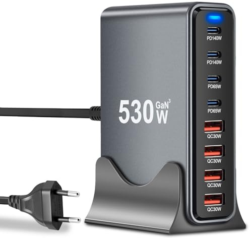 530W USB C Ladegerät Mehrfach, GaN III 8 Ports Schnellladegerät Ladestation mit 4 USB-C und 4 USB-A Charger PD PPS 100W Laptop Ladegerät Adapter für Mac-Book Pro/Air,iPad Pro/Air