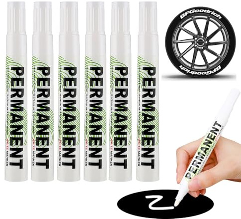 Caelura 6 Stück 3 mm Lackstift Weiß, Auto Reifen Stift Weiß wasserfest, Permanent Marker Weiss für Steine, Felsmalerei, Keramik, Glas, Holz, Stoff, Metall, Leinwand, Reifenstift