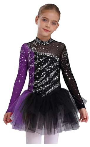 Nyeemya Eiskunstlauf Kleid Mädchen Langarm Kinder Strass Glitzer Rollschuhkleid Stehkragen Ballettkleid Mit Rüschen Tüll Tutu Rock Wettbewerb Tanzkostüm