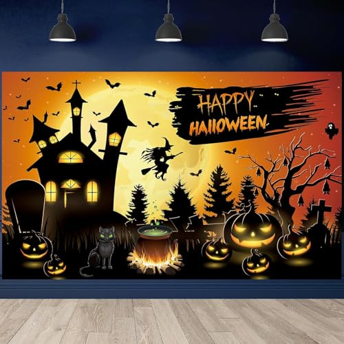 Businey Happy Halloween Banner Deko, Halloween Hintergrund Banner, Kürbis Nacht Mond Burg Banners Dekoration für Drinnen Draußen Deko