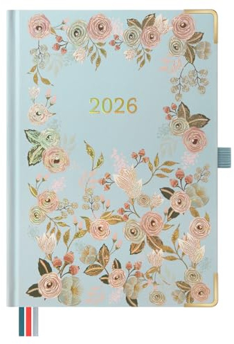 BEZEND Kalender 2026 Tagesplaner A5 1 Tag 1 Seite mit 2 Spalten(Jan - Dez), Tageskalender Hardcover mit Monatsregister & Faltbare Innentasche, Blaugrau