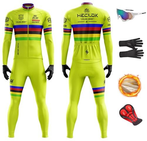 HECLOK Completo Ciclismo Invernale Uomo Manica Lunga – 9D Gel, Antivento | 9D Gel, maglia termica in pile, salopette inclusa, 3 tasche posteriori, antivento, per bici da corsa e MTB