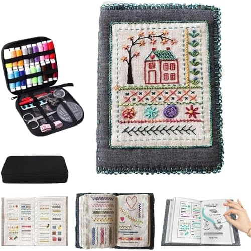 Livre de points de broderie portable tout-en-un et kit de couture, ensembles de bricolage avec boîte à outils complète et instructions pédagogiques, 106 journaux de points uniques