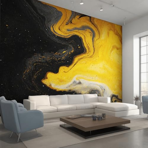Generisch Vlies Fototapete Marmor Schwarz Gold 150x105 cm, Tapete Schwarz Gold Tapeten Vliestapete Wohnzimmer Treibsand Fluid Art Schlafzimmer Wandtapete Ornamente Mustertapete W&69