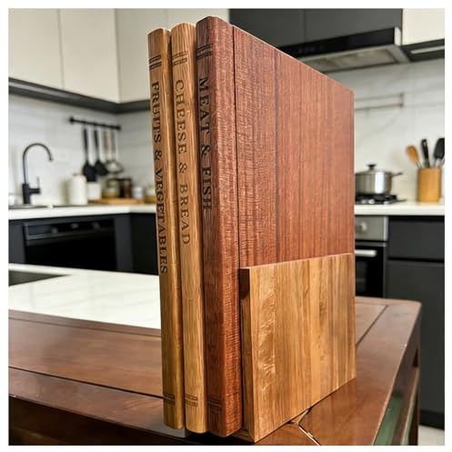 Cuisine Résistante Planches à Découper en Bois Massif, Lot de 3 Planche à Decouper en Forme de Livre avec Support, Antidérapante Planche à Hacher pour Légumes, Fruits, Salami