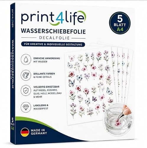 Print4Life 5 Blatt A4 Wasserschiebefolie – für Inkjetdrucker - Tintenstrahldrucker – Modellbau, Nageldesign, DIY, Keramik – transparent - präzise Decals selbst drucken