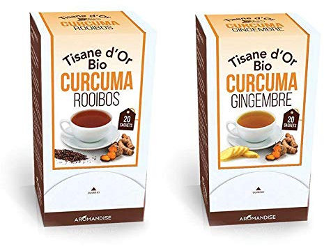 Thés Bios du Monde - Duo de Tisanes d'or biologiques au Curcuma, Gingembre et Rooibos - 40 sachets