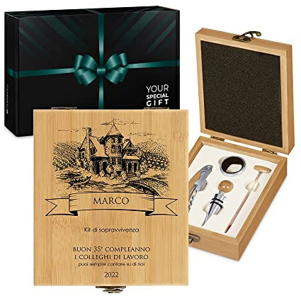 Maverton Set Cavatappi da Vino, Kit da Sommelier Degustazione Perfetta | Personalizzato, Scatola in Legno di bambù + 4 Pezzi di Accessori Vino, Regalo Uomo, regalo di Natale, Il Kit