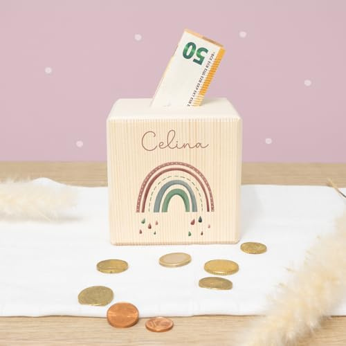 Spardose Personalisiert mit Namen aus Holz - 10x10cm Holzspardose - Geschenk zur Geburt, Geburtstag, Einschulung, Taufe - Sparschwein Aquarell Motiv für Jungen & Mädchen hellomini (Regenbogen rosa)