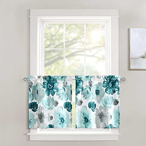 Lush Decor Leah Light Filtering Window Curtain Kitchen Tiers, Pair, 24 W x 29 L, Bluey - Large Blooming Flower Print