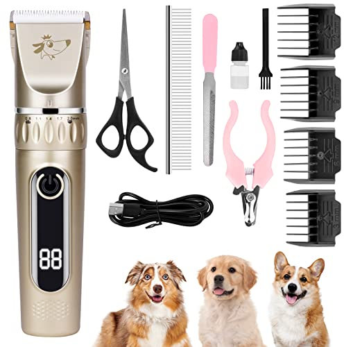 VSSHE Hundeschermaschine,Leise Schermaschine Hund und Katze Mit 2 Geschwindigkeiten Wiederaufladbarer Kabelloser Kätzen und Hunde Pferde Haarschneidemaschine Schermaschine Hund Mit 11 Zubehör Gold