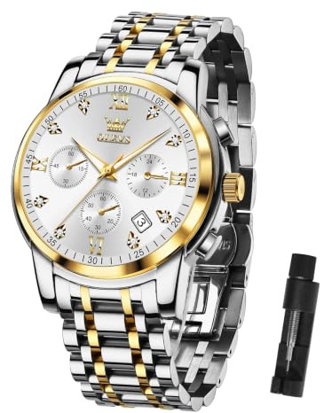 OLEVS Herren Chronograph Armbanduhr, Gold Silber Edelstahl Band Analog Quarz Armbanduhr für Herren, A2-weißes Ziffernblatt/goldfarbenes silberfarbenes Band, Rund