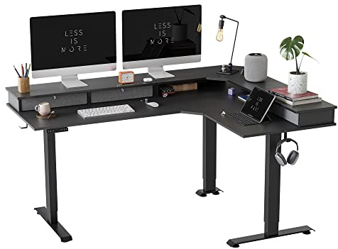 FEZIBO DREI Motoren Schreibtisch Höhenverstellbar Elektrisch mit 3 obere Schublade, L Form Stehpult, Links und rechts austauschbar, 160 x 120 cm eckschreibtisch, Schwarz Rahmen/Schwarz Tischplatte