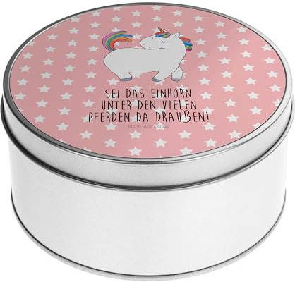 Mr. & Mrs. Panda Blechdose rund Einhorn Stolzieren - Geschenk, Vorratsdose, Lunchbox, Reiter, Einhörner, Aufbewahrungskiste, Blechdosen mit Deckel,