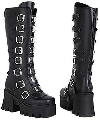 JIFAENY Damen Punk Goth Plattform Stiefel Gothic Keil Chunky Ins Motorrad Mid-Calf Combat Knie High Zipper Stiefel-Matt,35 EU