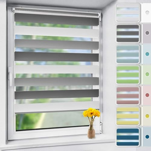 OUBO Doppelrollo Klemmfix ohne Bohren Weiß-grau-anthrazit B105 x H140cm (Stoffbreite: 101cm), Duo Rollo für Fenster und Tür, Fensterrollo Sonnenschutz & Sichtschutz