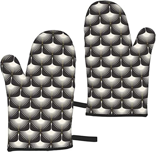 Ofenhandschuhe,Art Deco Schwäne Creme auf Schwarz,Ofenhandschuhe Anti-Rutsch-Kochhandschuhe,Hitzebeständige Backhandschuhe EIN Paar