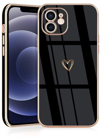 JRIANY for iPhone 12 Case, Protective Flexible Silicone Case with Cute Design Love Heart Pattern Shockproof Bumper Cover Compatible with Apple iPhone 12 - Black