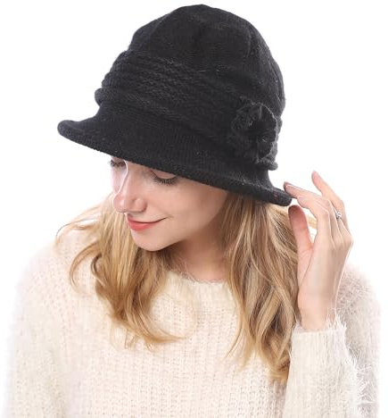 Huakunda Damen Strickmützen Gefüttert Winterhut Warm Vintage Floral Knit Beaniemütze Elegant Frauen Bucket Hüte für 55-60 cm
