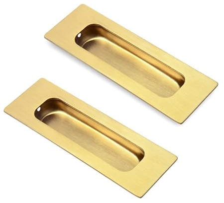 HOMOTEK 2 Pack 120mm Flush Sliding Closet Door Pulls, Recessed Finger Pulls for Sliding Barn Bypass Door Handles, Cabinet Drawer Rectangular Invisible Pull- Small Size 4.75 in, Brushed Gold