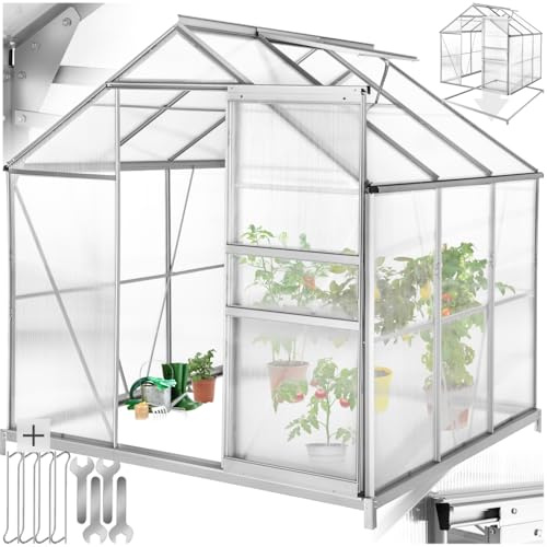 tectake Invernadero de Jardín de Aluminio y Policarbonato, Caseta Jardín Exterior 190x185x195, Vivero Huerto Casero 5,85m³, Invernadero Terraza para Cultivo de Plantas, con Base