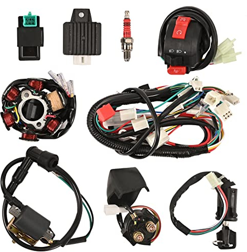 Trkimal Quad Wire Harness Complete Electrics 6 Pole Stator Coil CDI Wiring Harness Solenoid Relay Spark Plug for 4 Stroke ATV 50cc 70cc 90cc 110cc 125cc Pit Quad Dirt Bike Buggy Go Kart