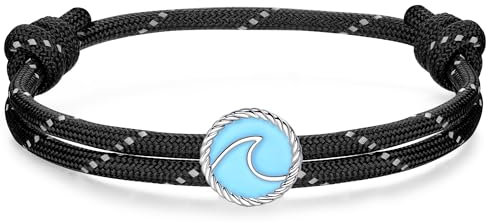 J.Endéar Welle Surf Armband für Herren Jungen | Silber 925 Wasserdichtes Paracord Armband Damen Verstellbar | Sommer Strand Sport Schmuck Freundschaft Geschenk, Schwarz