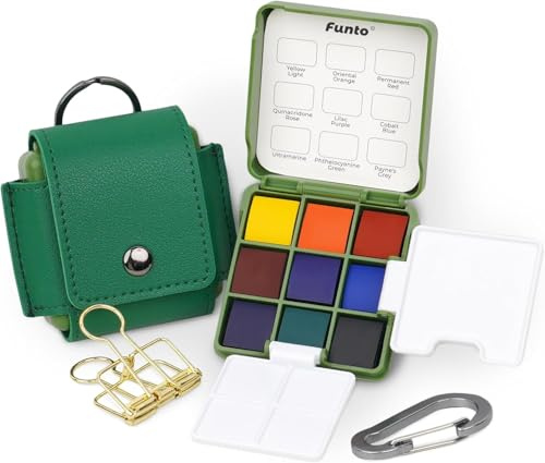 Funto-Taschen-Wasserfarben-Set, Reise-Künstler-Skizzen-Kit mit 2 faltbaren Paletten, tragbare Lederhülle und Metallklammer,Kunstliebhaber