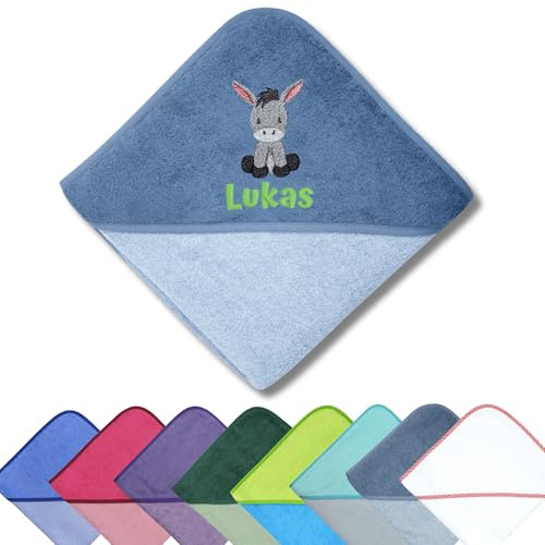 Generisch Kapuzenhandtuch Baby – Motiv Esel – Bestickt mit Namen – 100x100 cm – personalisiert – Geschenk zur Geburt oder Taufe – Baumwolle – WÖRNER – Handtuch mit Kapuze