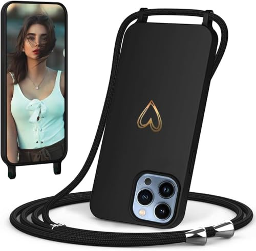 CaseLover Handyband kompatibel mit iPhone 12/12 Pro Hülle mit Band, Schwarz | Herz Muster, Silikon Necklace Handyhülle mit Abnehmbar Kordel zum Umhängen, Stossfest Bumper Handy Schutzhülle Case 6.1