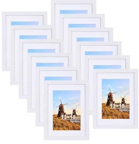 Spotjoy Bilderrahmen 13x18 cm 12er-Set Posterrahmen | Fotorahmen mit Passepartout Holzrahmen Dokumentenrahmen MDF-Holz Rahmen mit Acrylglas für Tisch- und Wandmontage, Weiß