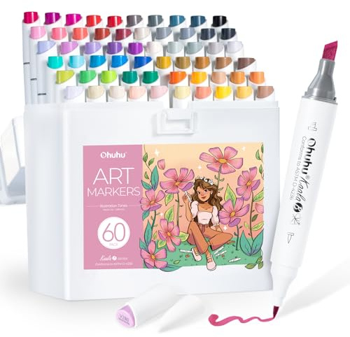 Ohuhu markers, 60+1 colori Mini pennello e sottile largo pennarelli ad alcool a doppia punta Inchiostro sfumabile ricaricabile per artisti che colorano disegnando cartoni animati Anime Comic - Kaala B
