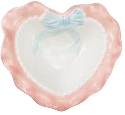 Bitray Heart Shaped Dessert Bowl Lovely Ceramic Wavy Lace Bowl for Rice Grain Fruit and Salad (Pink)