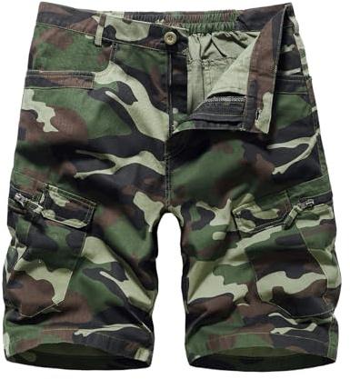 Misfuso Short Bermuda Homme en Coton, Short Cargo Homme Camouflage de Plusieurs Poches Taille Élastique Vert Camouflage M