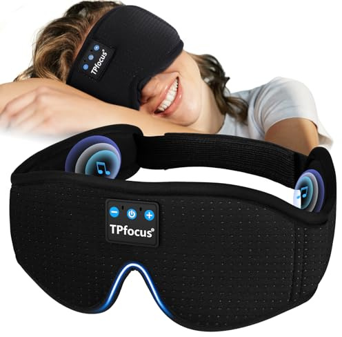 TPfocus Auriculares Bluetooth para Dormir, Antifaz 100% Opaco Lateral | Orificios transpirables | Sonido nítido | Altavoces ultrafinos | Lavable | Sin presión ocular | 16 h de batería