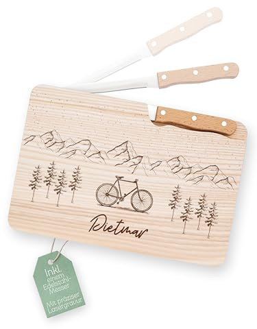 Abenteuernah Brett mit Messer personalisiert, Fahrrad Geschenk, Geschenke für Männer, Messerbrett, Gift for him, Home gift, ideales Geburtstagsgeschenk für Papa Opa Onkel (Fahrrad Berge mit Name)