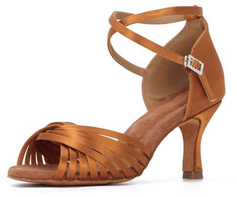 Syrads Zapatos de Baile de salón para Mujeres Formales Salsa Tango Bachata Zapatos de Interior para Fiesta,Marrón 7.5cm Heel,37 EU Size